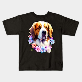 Saint Bernard Dog Surrounded by Beautiful Spring Flowers Kids T-Shirt